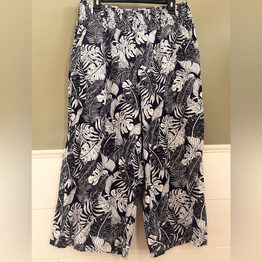 Linen Viscose Linen Wide Leg Crop Pants Womens Plus 2x Navy Blue Smocked